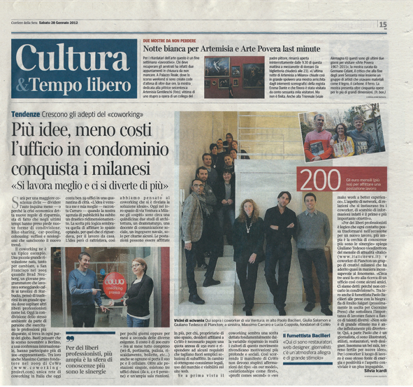 28 gennaio 2012: Coworking Cowo sul Corriere della Sera Milano